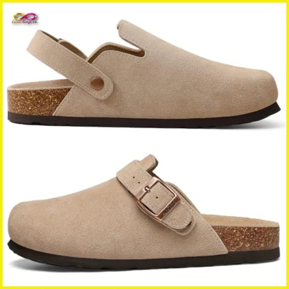 Suede Clogs with Back Strap Cork Footbed Slip On Casual Mules Retro Style - Picture 3 of 7